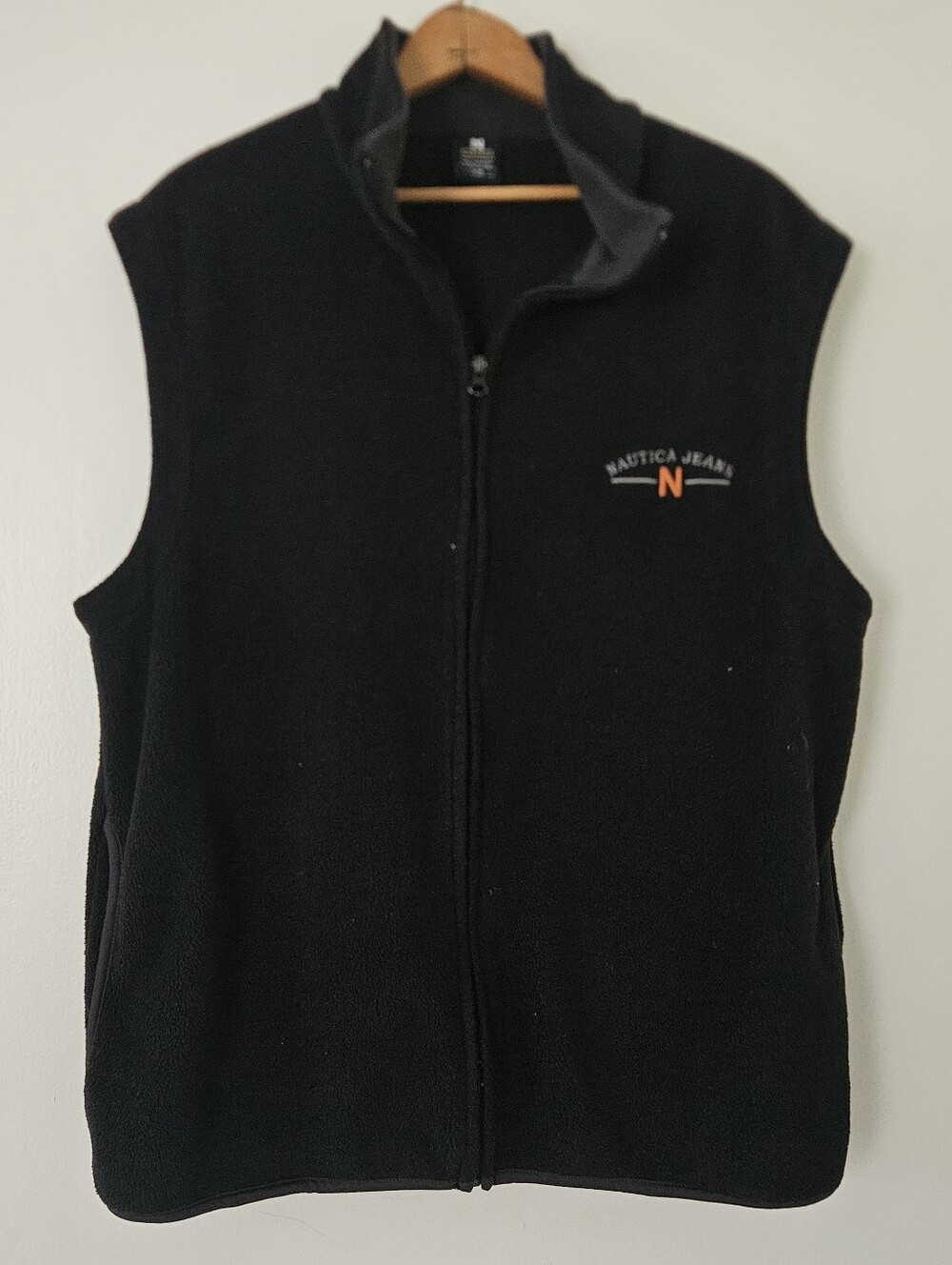 Nautica Jeans Mens Vest L Fleece Vtg Preppy Black Full Zip USA made Y2K 90s Logo